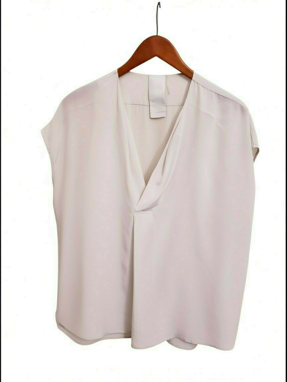 HEATHER 100% Silk Flowy V-Neck Light Gray Draped Short Sleeve Blouse, Size M